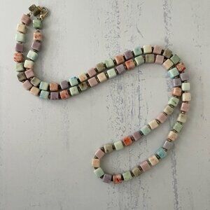 Vintage Colorful Long Pastel Mottled Square Glass Beaded Necklace